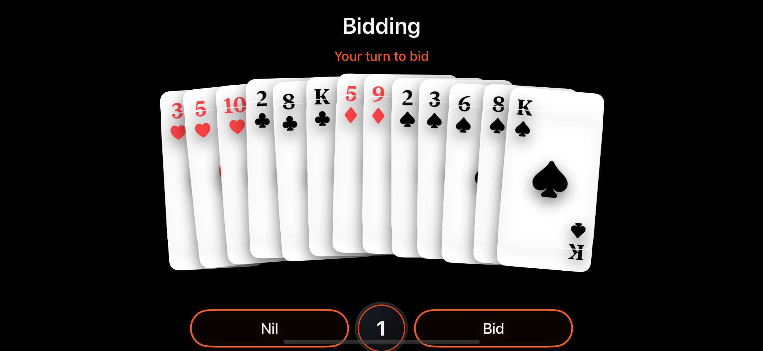 Tablò World Spades bidding screen, with a fan of playing cards and orange bidding controls